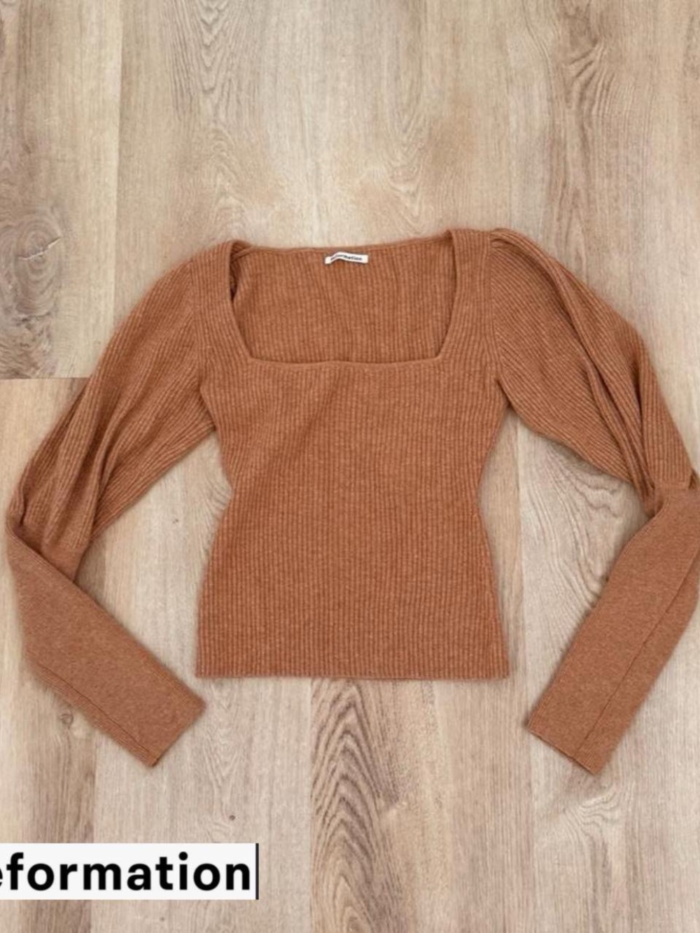Reformation Ribbed Square-Neck Long Sleeve Top - Rust